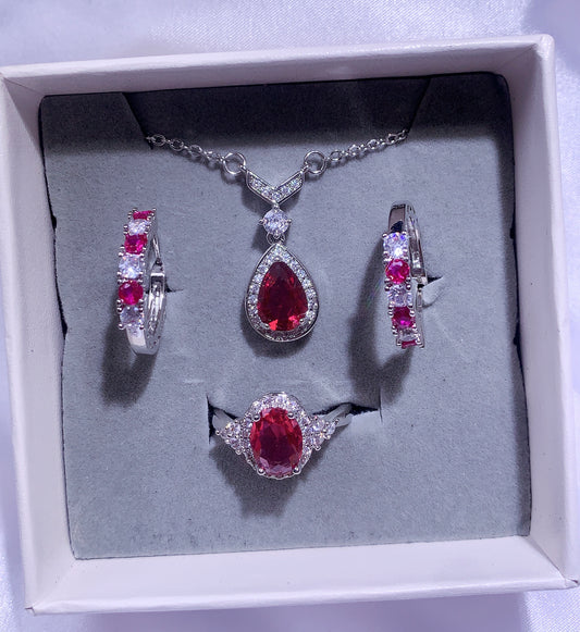 NO.45-Women's Fashion Jewelry, Red Three-Piece Set, Positive Droplet Necklace, Cute Little Rose Red Hoop Earrings, Shiny Oval Ring