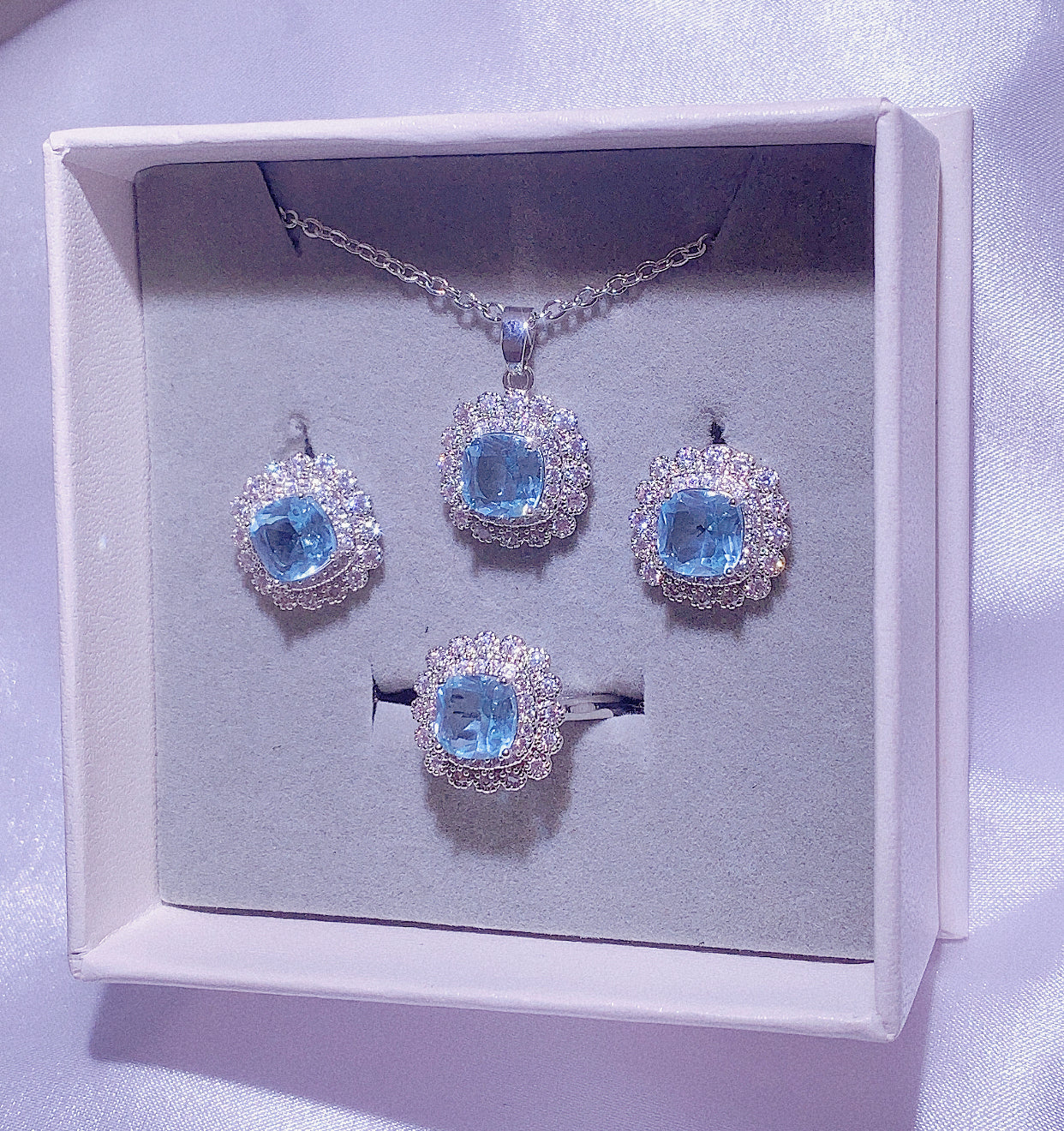 NO.41-Women's Fashion Jewelry, Blue Three Piece Set, Square Lace Necklace, Square Lace Earrings, Square Lace Ring