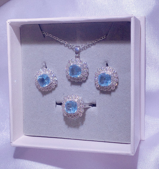 NO.41-Women's Fashion Jewelry, Blue Three Piece Set, Square Lace Necklace, Square Lace Earrings, Square Lace Ring