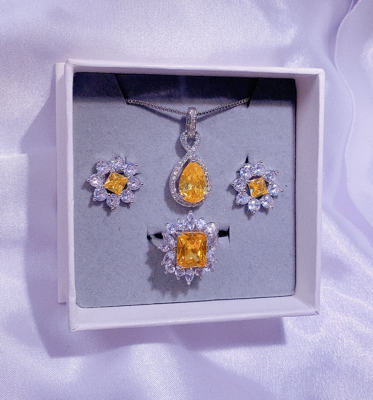 NO.63-Women's Fashion Jewelry, Yellow Three-piece Set, Drop Necklace, Small Flower Earrings, Square Lace Ring