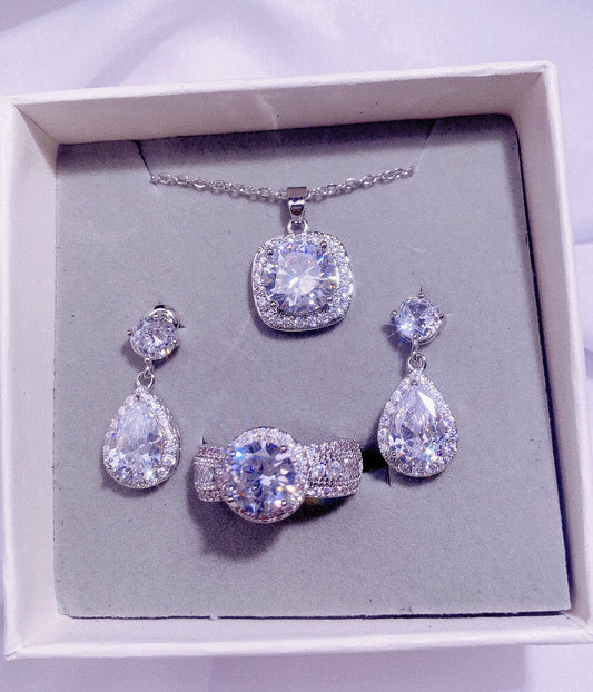 NO.29-Ladies Fashion Jewelry Exquisite 3-piece set, white stuning square necklace, shiny water drop earrings, shiny round wedding ring