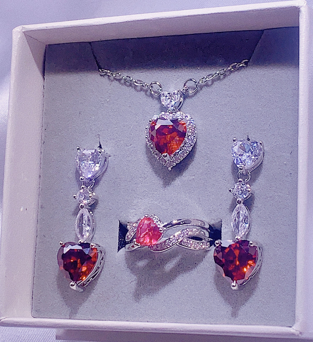 NO.8-Women's Fashion Accessories Red Three-Piece Set, Heart Necklace, Long Heart Earrings, Wrapped Heart Ring