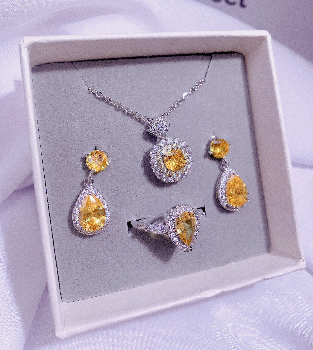 NO.35-Fashion Jewelry 3 Piece Set, Yellow Stunning Necklace, Stuning Drop Dangle Earrings, Drop Ring