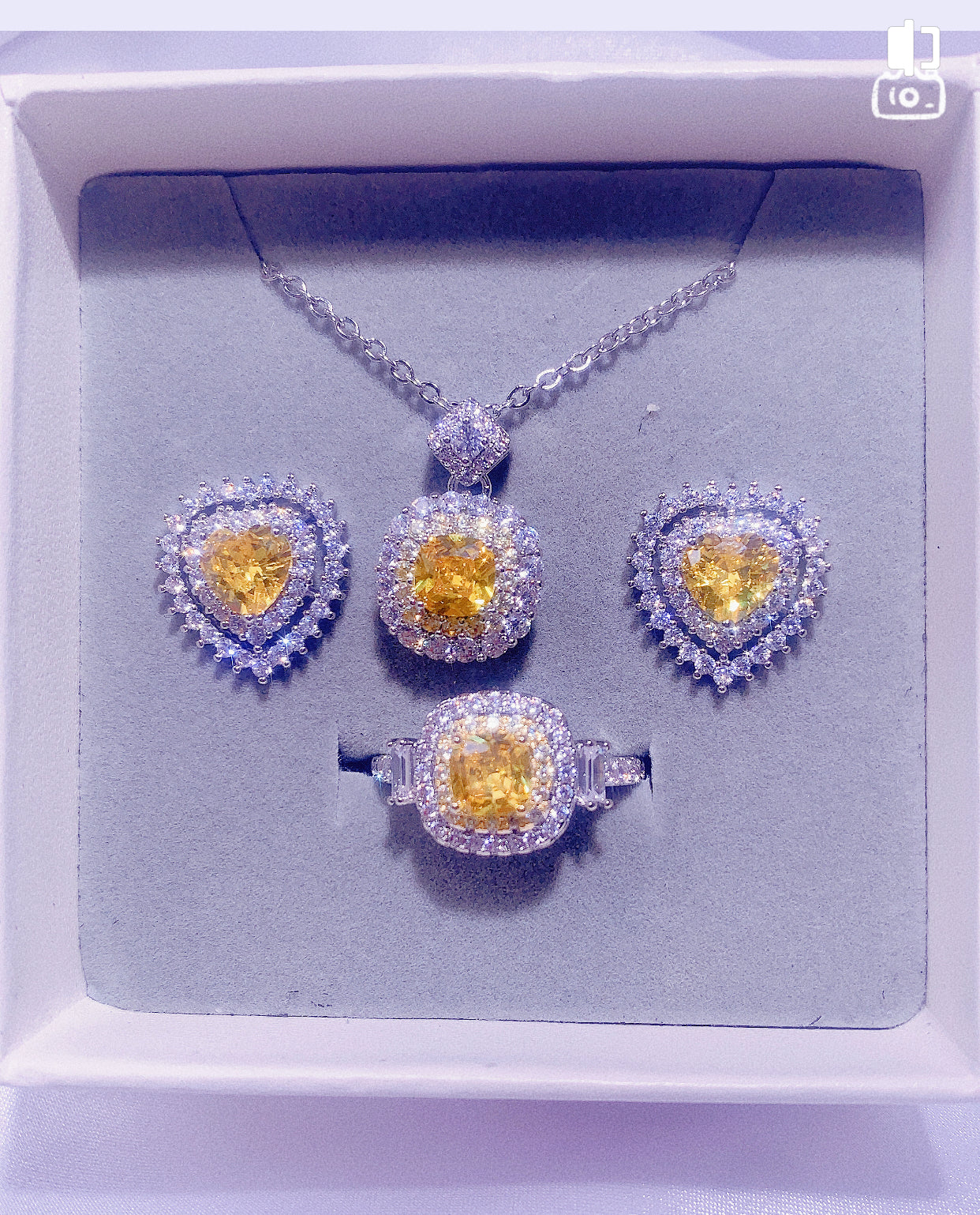 NO.16-Ladies Fashion Accessories Yellow Three-Piece Set, Stunning Square Necklace, Flower Cute Love Earrings, Square Ring