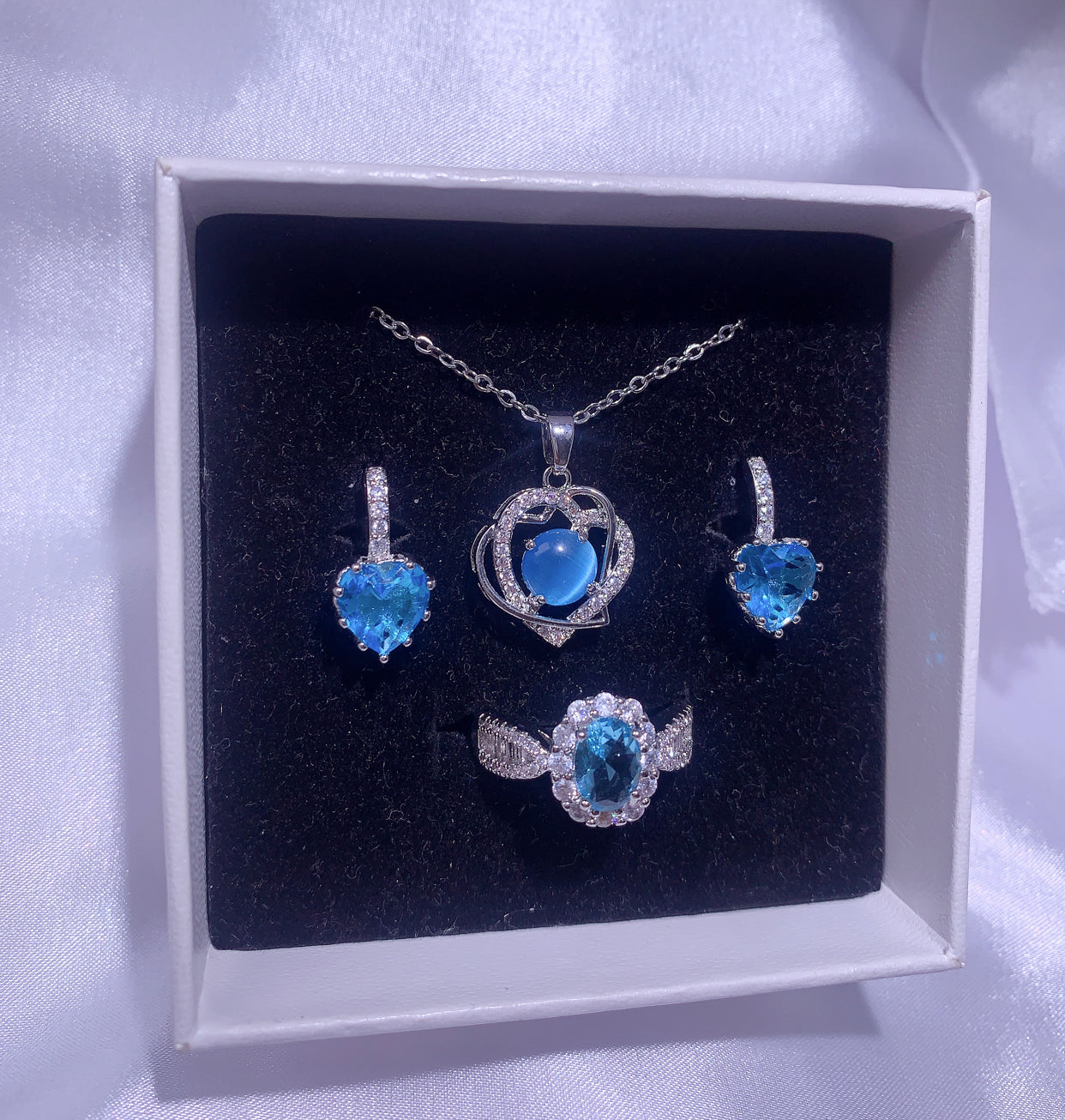 NO.53-Women's Fashion Jewelry, Blue Three-Piece Set, Double Love Necklace, Water Love Dangle Earrings, Oval Ring