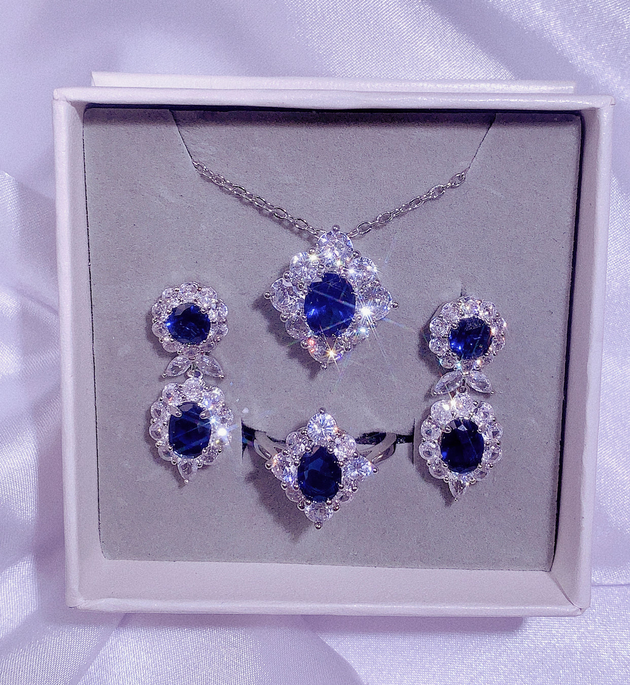 NO.28-Ladies Fashion Jewelry Luxury 3 Piece Set, Dark Blue Lace Rhombus Necklace, Shiny Lace Rhombus Earrings, Shiny Rhombus Ring