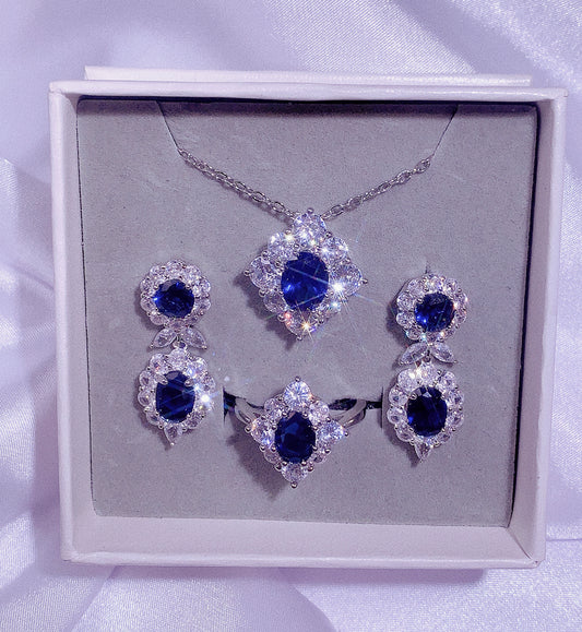 NO.28-Ladies Fashion Jewelry Luxury 3 Piece Set, Dark Blue Lace Rhombus Necklace, Shiny Lace Rhombus Earrings, Shiny Rhombus Ring