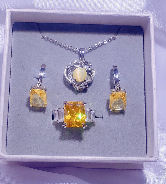 NO.46-Women's Fashion Jewelry, Yellow Three-Piece Set, Double Love Necklace, Square Earrings, Square Ring