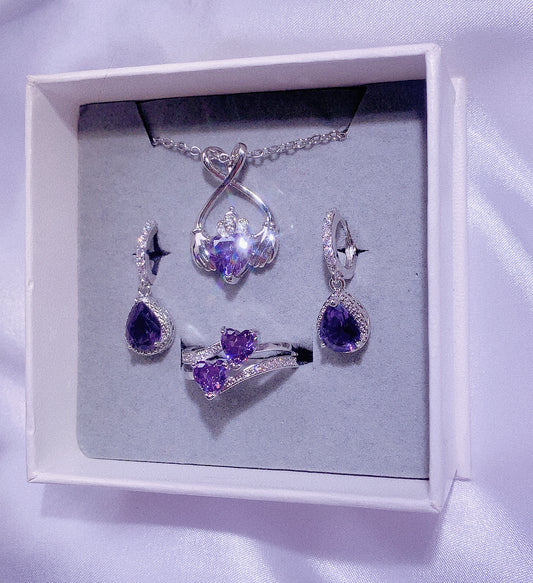 NO.51-Women's Fashion Jewelry, Purple Three-Piece Set, Love Angel Necklace, Droplet Dangle Earrings, Double Love Ring