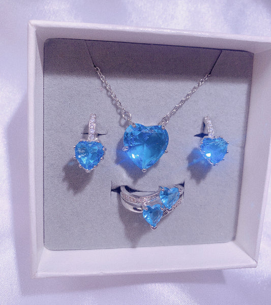 NO.26-Ladies Fashion Jewelry Exquisite 3-piece set, blue big heart necklace, love earrings, double love ring