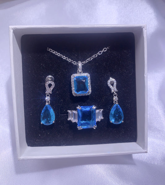 NO.54-Women's Fashion Jewelry, Blue Three-Piece Set, Square Necklace, Droplet Dangle Earrings, Square Ring