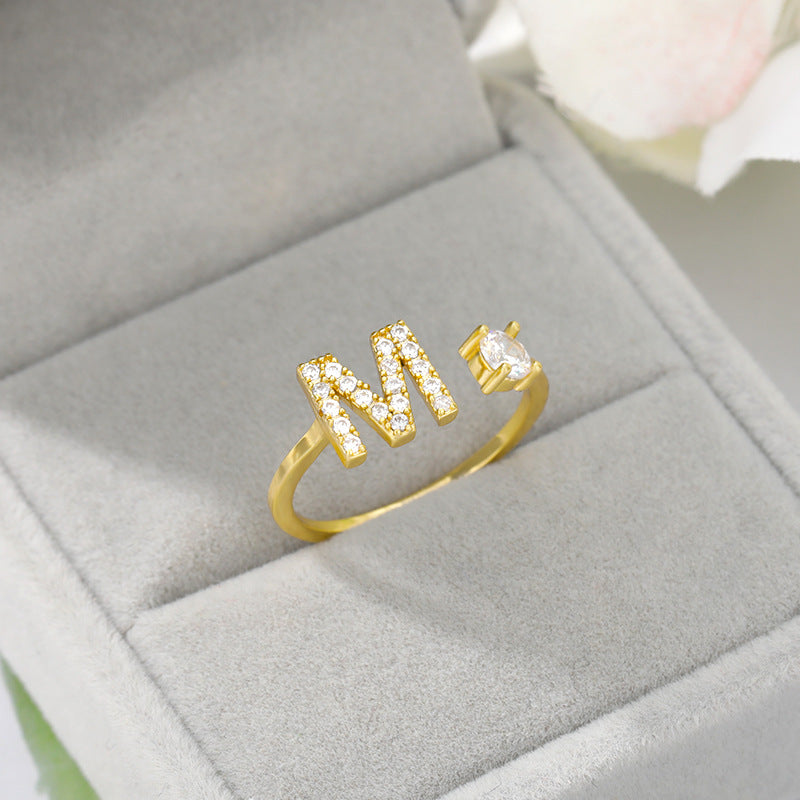 no.75-26 Letter Ring Gold Ladies Zircon Ring Creative Finger Adjustable