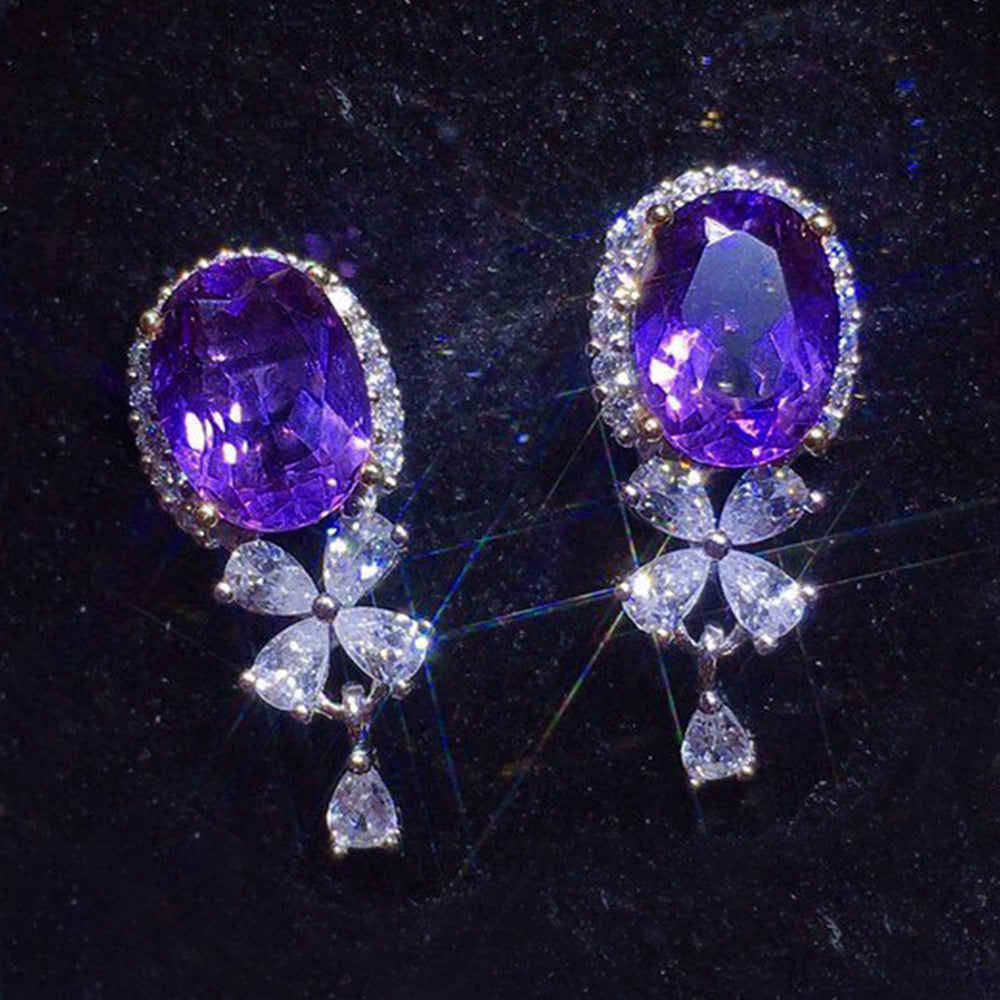 NO.17-Women's Fashion Accessories Jewelry, Amethyst Temperament Versatile Simple Short Light Luxury Earrings