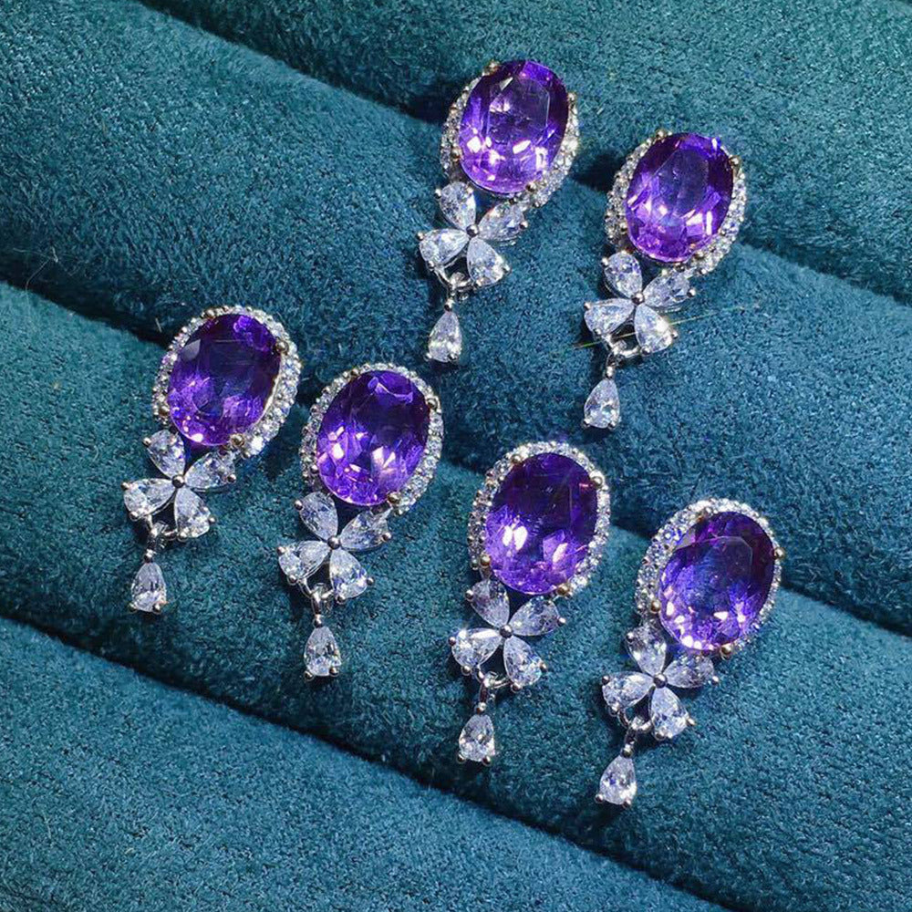 NO.17-Women's Fashion Accessories Jewelry, Amethyst Temperament Versatile Simple Short Light Luxury Earrings