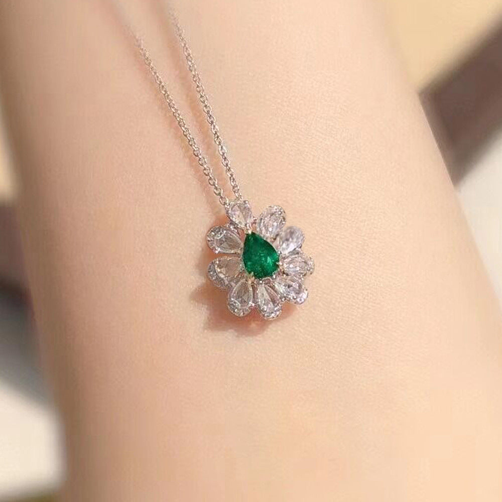 NO.11-Women's Fashion Accessories Jewelry, Green Droplet Zircon Flower Necklace