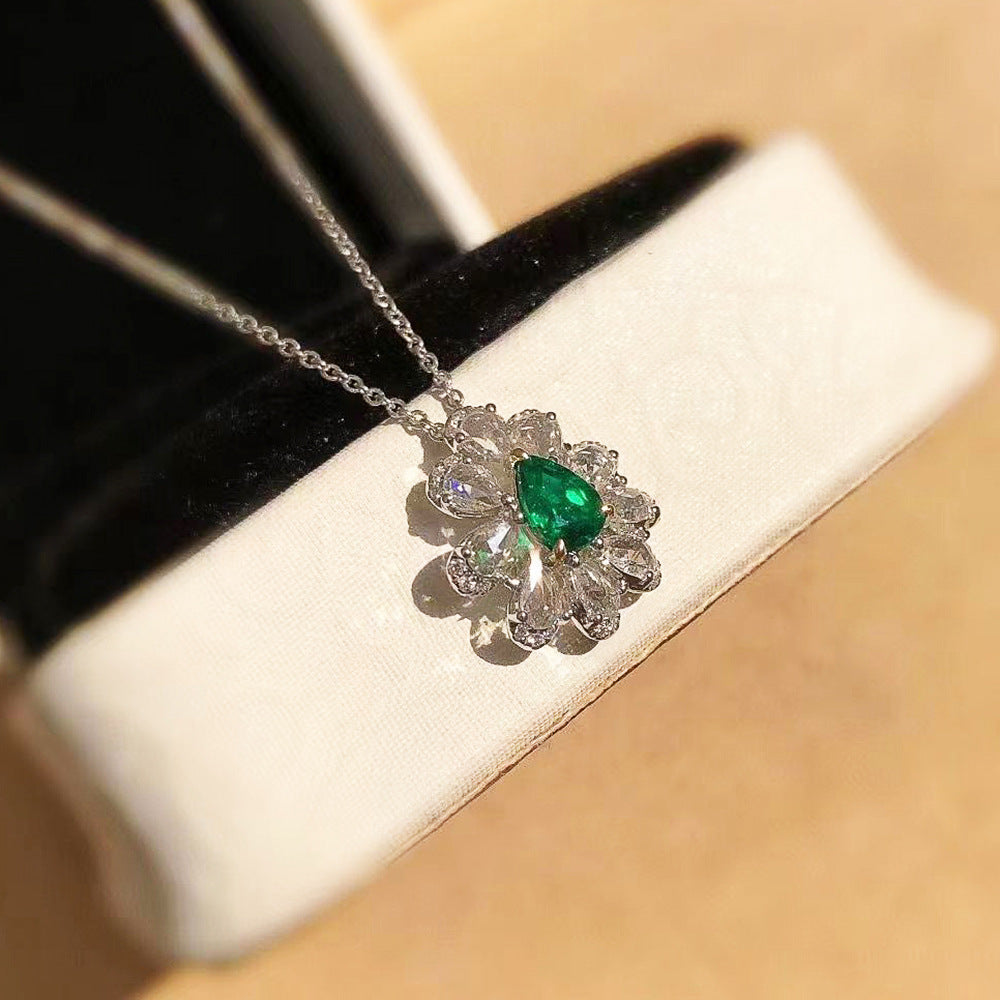 NO.11-Women's Fashion Accessories Jewelry, Green Droplet Zircon Flower Necklace