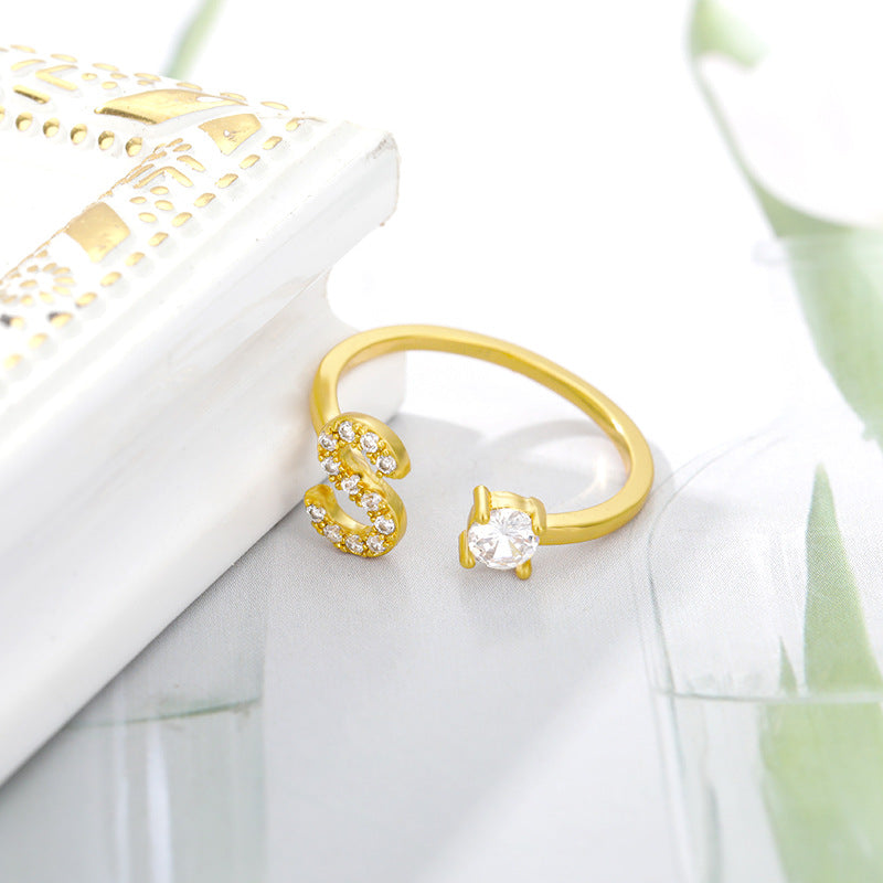 no.75-26 Letter Ring Gold Ladies Zircon Ring Creative Finger Adjustable