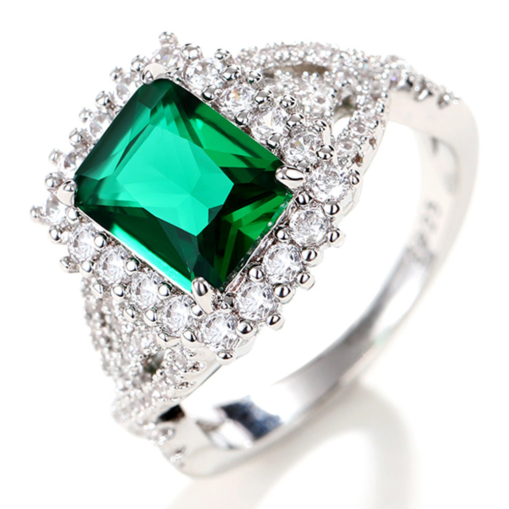 NO.18-Women's Fashion Accessories Jewelry, Green Square Luxury Zircon Ring