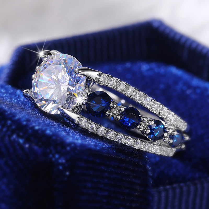 NO.17-Women's Fashion Accessories Jewelry, Dark Blue Luxury Banquet Creative Hollow Zircon Ring