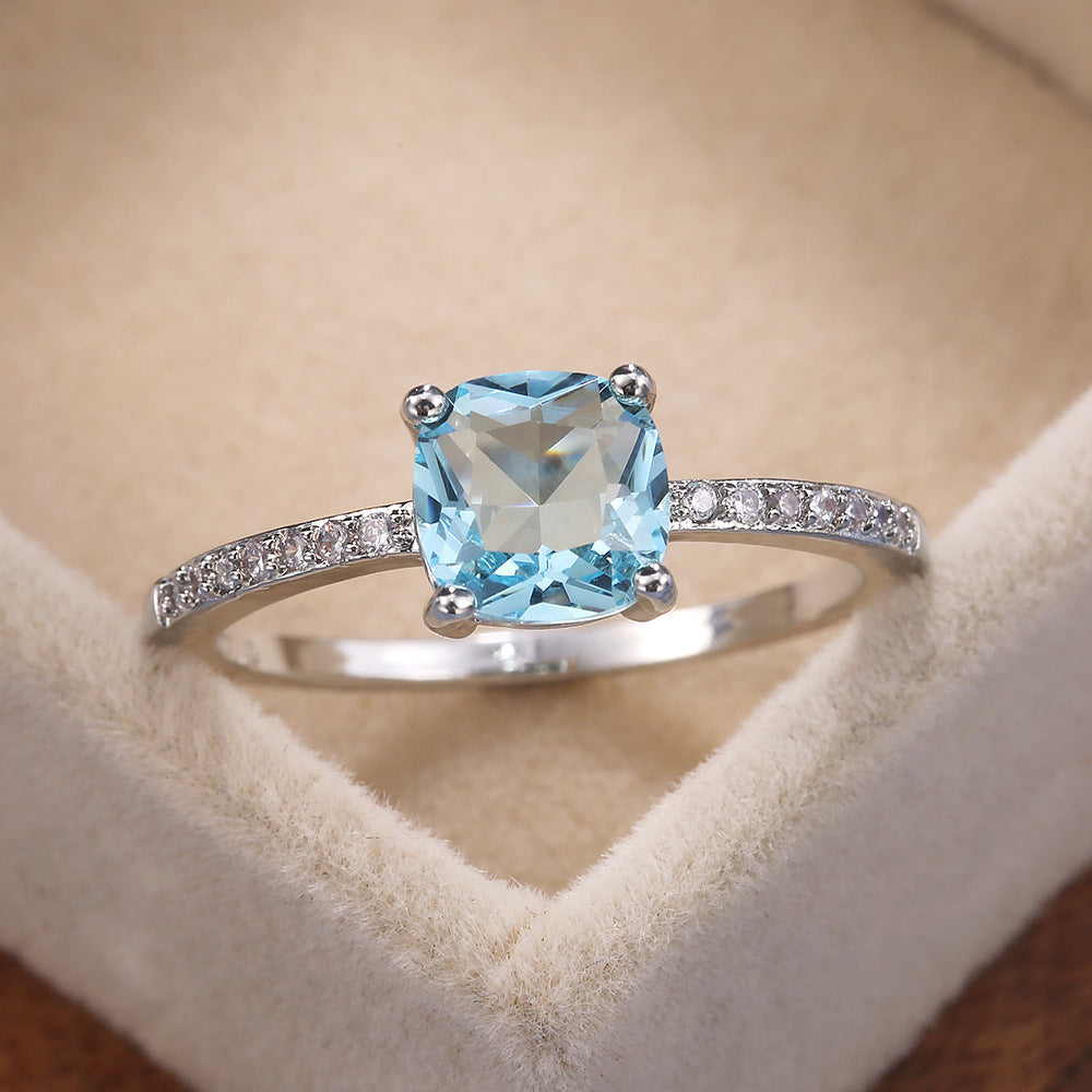 NO.5-Micro-set zircon blue square diamond ring