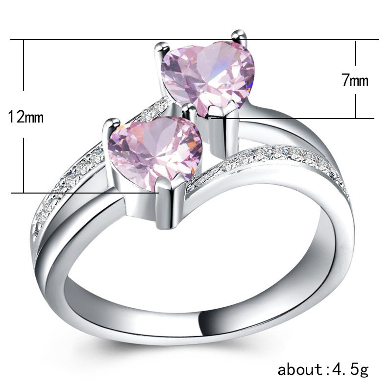 NO.68-Ladies Zircon Ring Double Heart Gemstone Rhodium Plated Copper Ring