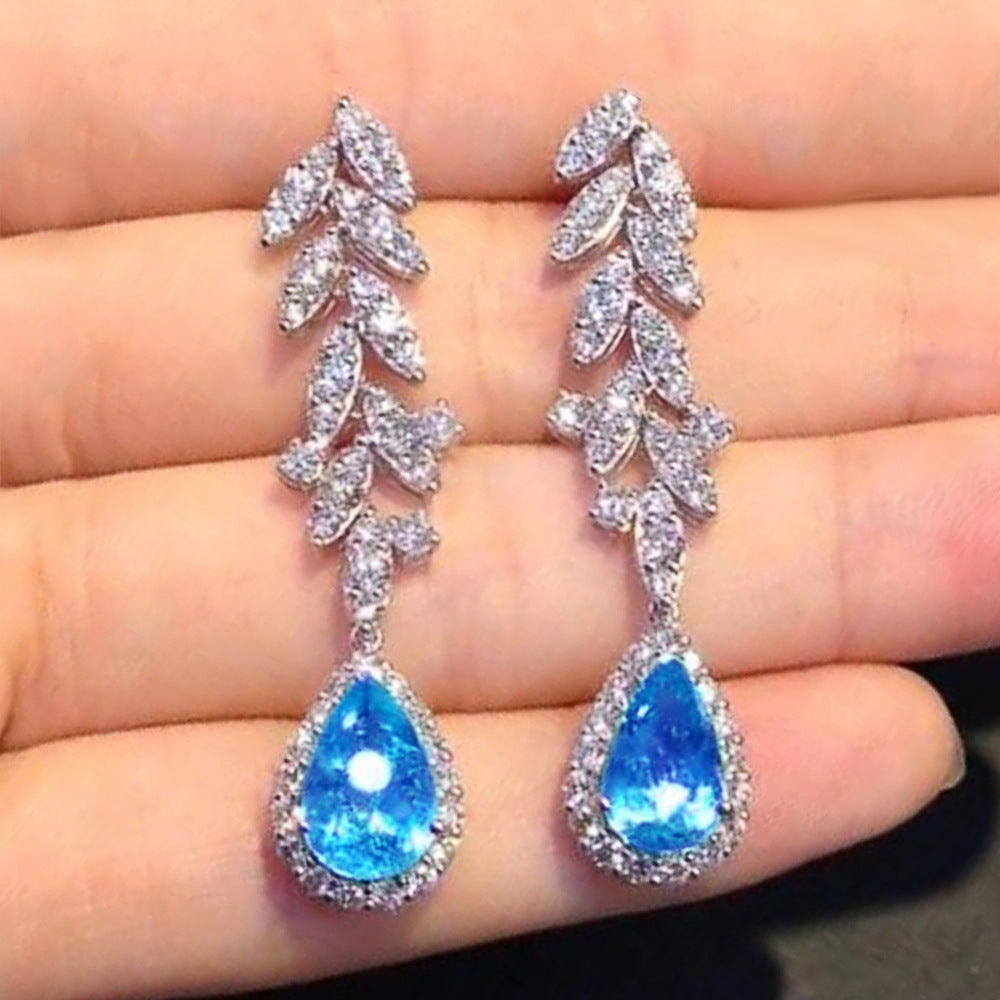 NO.31-Women's fashion accessories, French design sea blue zircon drop earrings Delicate niche high-end pear-shaped earrings