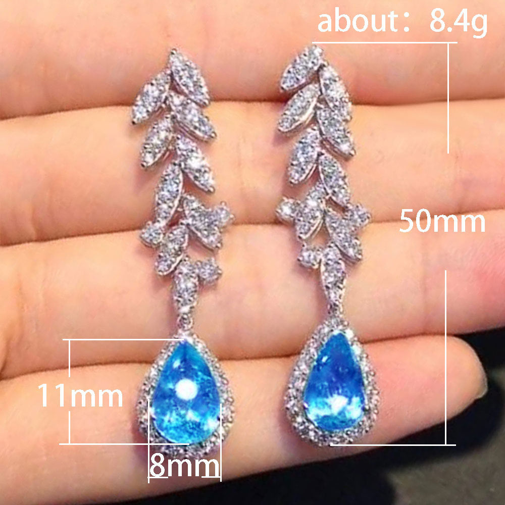 NO.31-Women's fashion accessories, French design sea blue zircon drop earrings Delicate niche high-end pear-shaped earrings