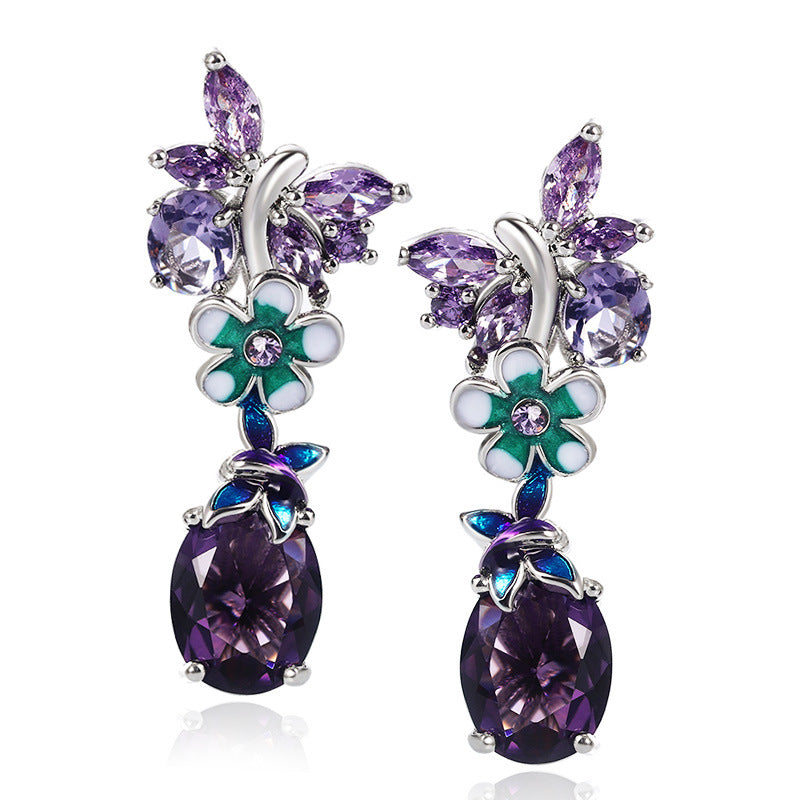 NO.41-Oval purple zircon flower earrings