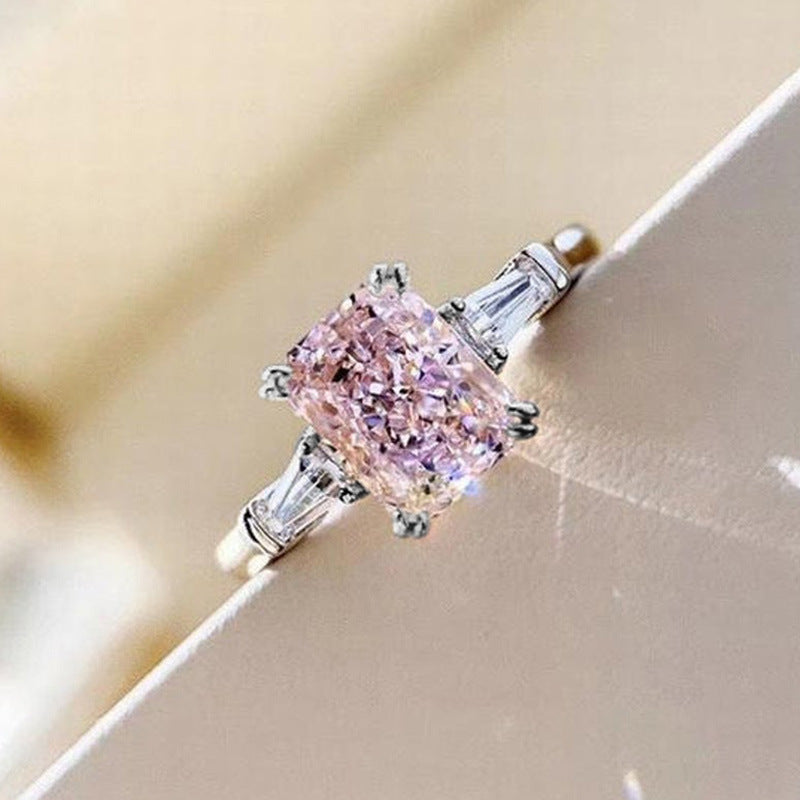 NO.58-Fashion square pink diamond zircon ring female sweet romantic wedding ring