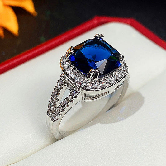 NO.62-Stylish square royal blue zircon ring