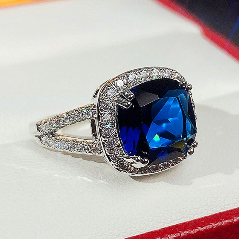 NO.62-Stylish square royal blue zircon ring