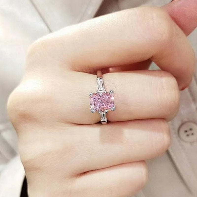 NO.58-Fashion square pink diamond zircon ring female sweet romantic wedding ring