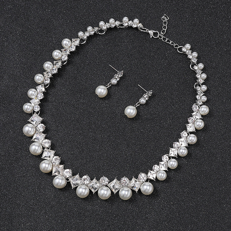 NO.26-New Ladies Pearl Gem Necklace Set Women Fashion Necklace Earrings Jewelry Two-Piece Set, Party, Gift