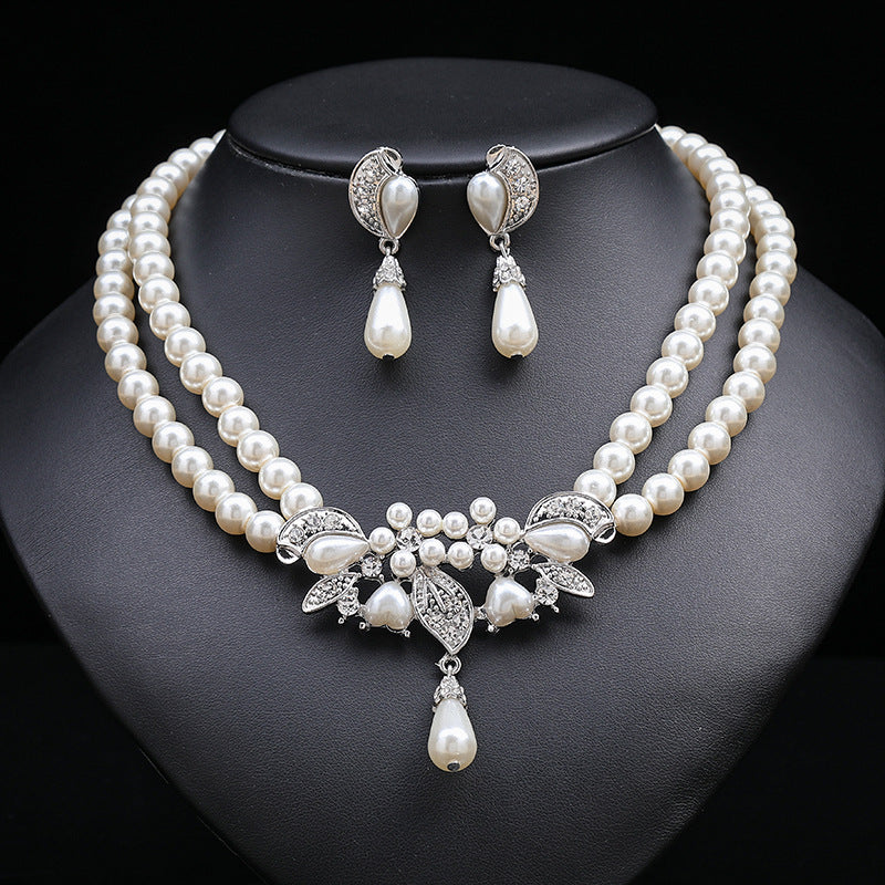 NO.26-New Ladies Pearl Gem Necklace Set Women Fashion Necklace Earrings Jewelry Two-Piece Set, Party, Gift