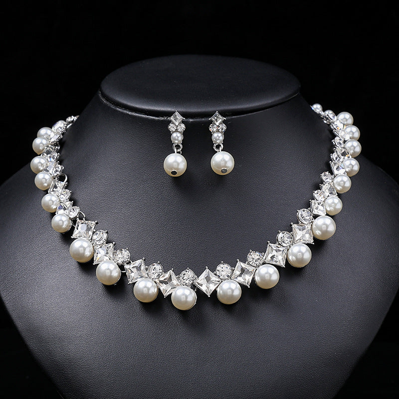 NO.26-New Ladies Pearl Gem Necklace Set Women Fashion Necklace Earrings Jewelry Two-Piece Set, Party, Gift